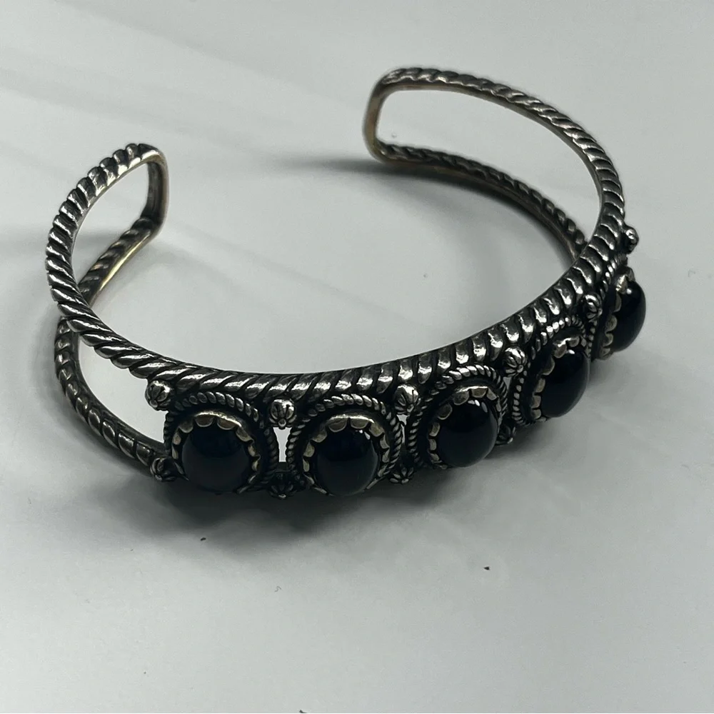 Sterling‎ Silver Black Agate 5-Stone Rope Design Cuff Bracelet